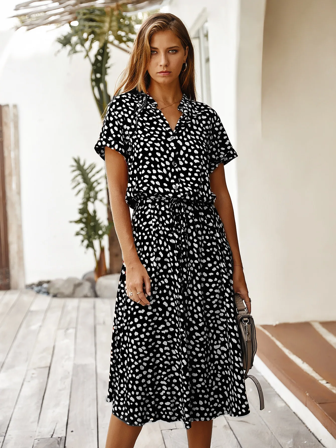 Vintage Floral Print Dress Women Boho Short Sleeve Long Dress Turn Down Collar Casual Waistband Shirt Dresses Robe 2021 Summer