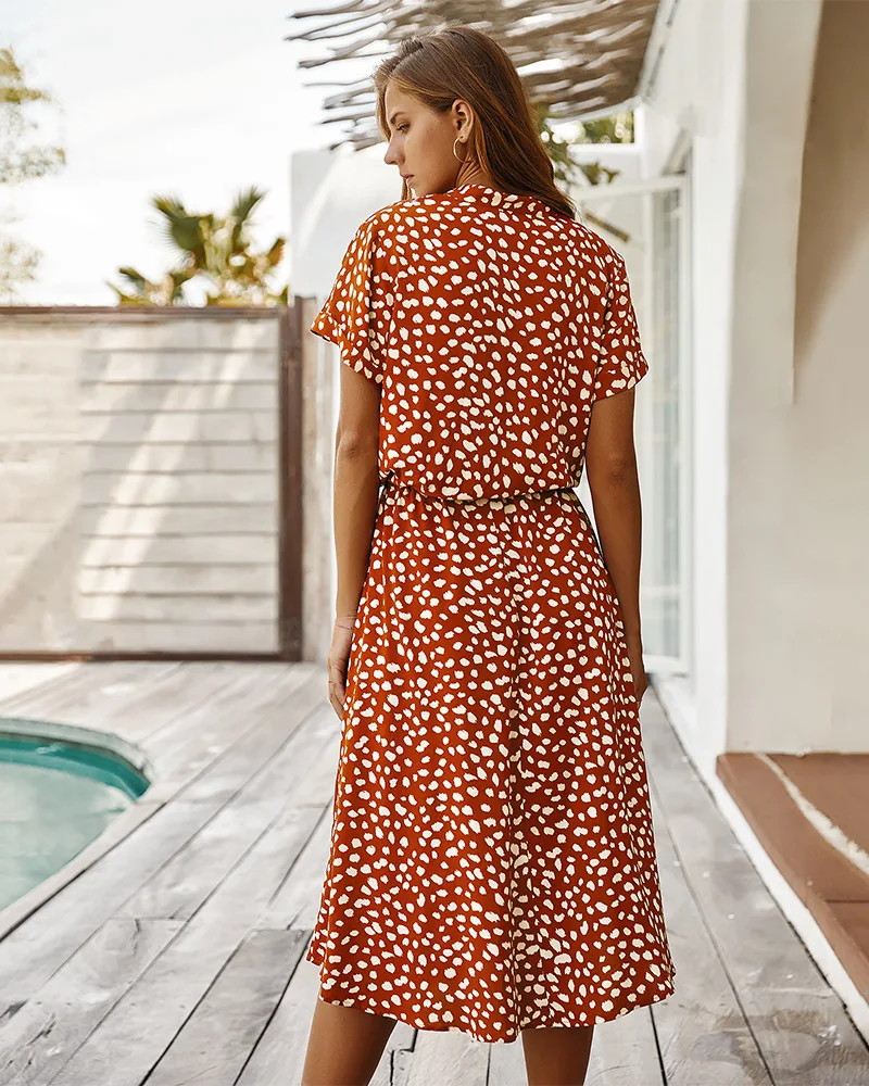 Vintage Floral Print Dress Women Boho Short Sleeve Long Dress Turn Down Collar Casual Waistband Shirt Dresses Robe 2021 Summer