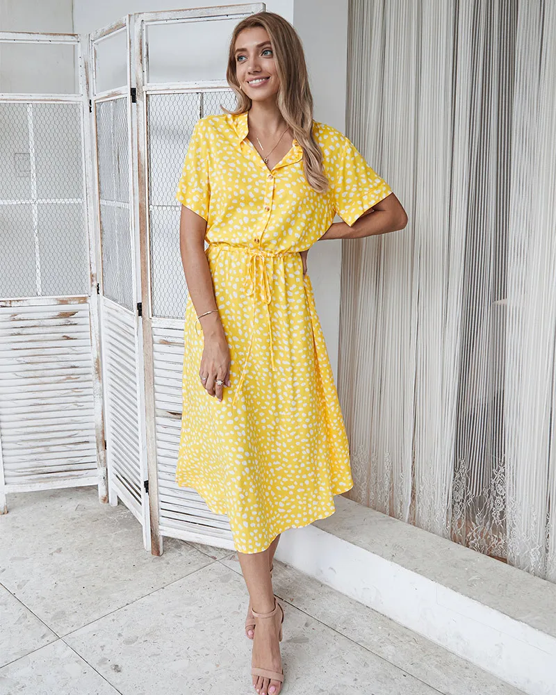 Vintage Floral Print Dress Women Boho Short Sleeve Long Dress Turn Down Collar Casual Waistband Shirt Dresses Robe 2021 Summer