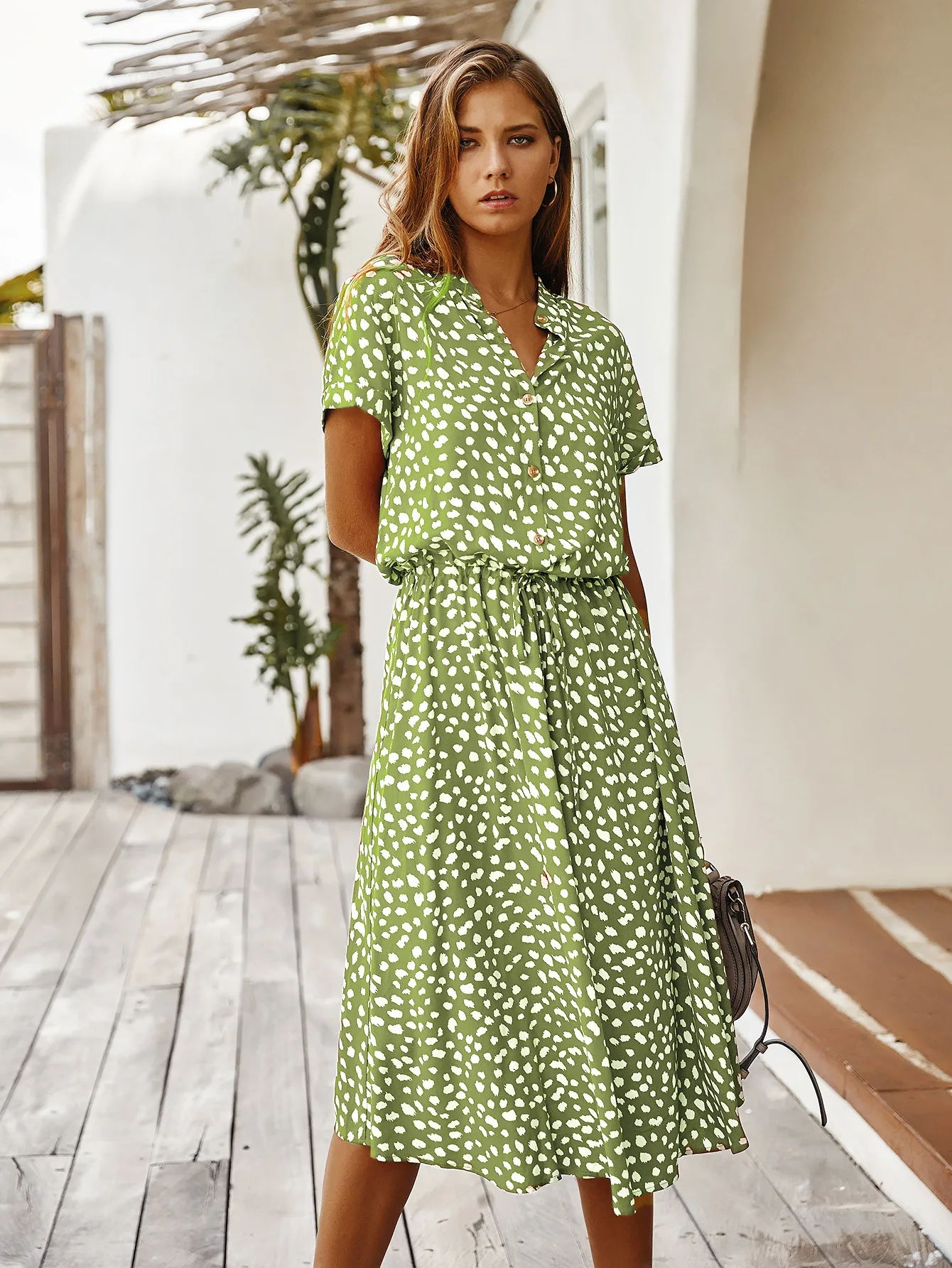 Vintage Floral Print Dress Women Boho Short Sleeve Long Dress Turn Down Collar Casual Waistband Shirt Dresses Robe 2021 Summer