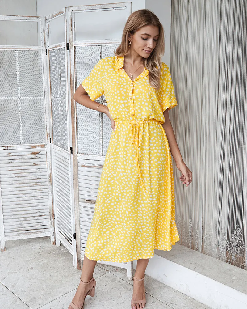 Vintage Floral Print Dress Women Boho Short Sleeve Long Dress Turn Down Collar Casual Waistband Shirt Dresses Robe 2021 Summer
