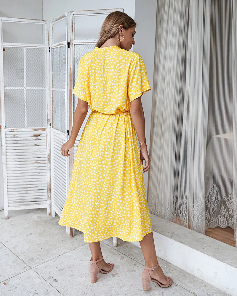 Vintage Floral Print Dress Women Boho Short Sleeve Long Dress Turn Down Collar Casual Waistband Shirt Dresses Robe 2021 Summer
