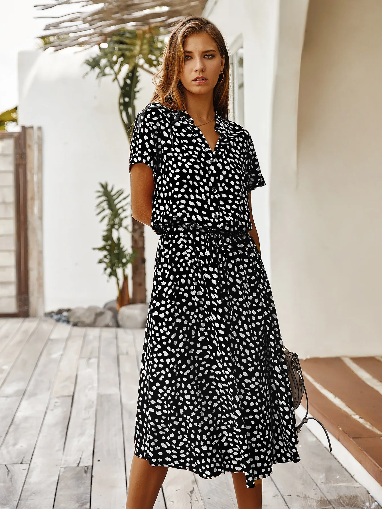 Vintage Floral Print Dress Women Boho Short Sleeve Long Dress Turn Down Collar Casual Waistband Shirt Dresses Robe 2021 Summer