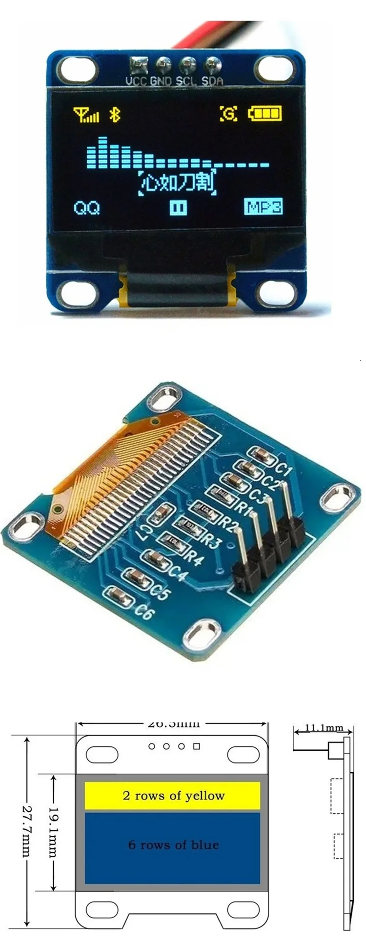 0.96 Inch OLED Display Module SSD1306 I2C IIC SPI Serial 128X64 LCD 4 Pin YellowBlue WhiteBlue for Arduino(Pin Headers Soldered)