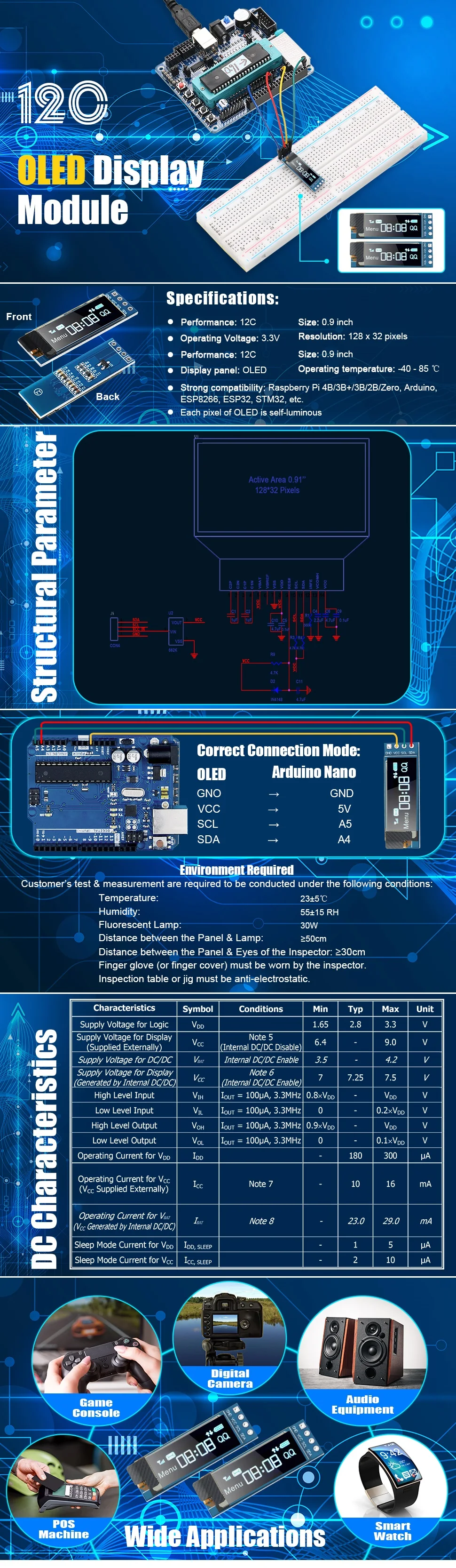0.96 Inch OLED Display Module SSD1306 I2C IIC SPI Serial 128X64 LCD 4 Pin YellowBlue WhiteBlue for Arduino(Pin Headers Soldered)