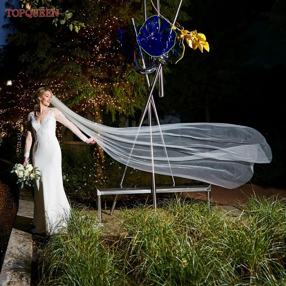 TOPQUEEN V30 Classic Bridal Wedding Veils Plain Yarn 1 Tier Soft Wedding Long Veil with Comb Wedding Dress Accessories Black Red