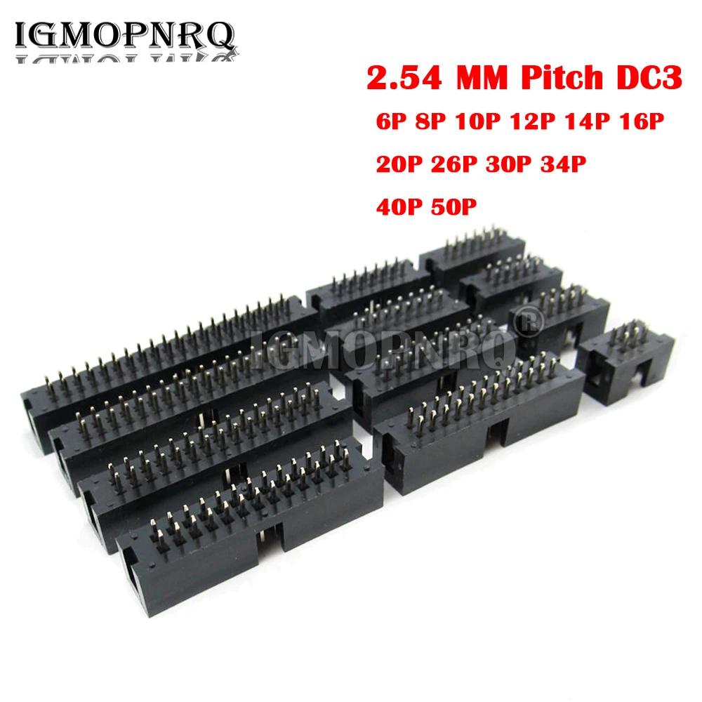 10PCS 2.54 MM Pitch DC3 Through Hole 6 8 10 12 14 16 20 26 30 34 40 50 Pin Straight Male Shrouded PCB IDC Socket Box Header JTAG