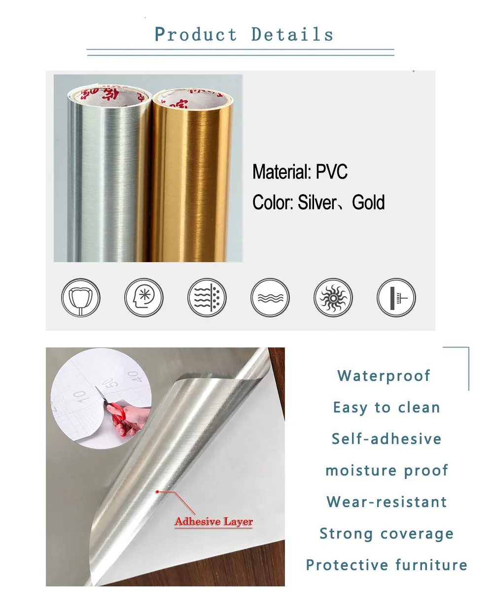 Metal Style Wallpaper Decorative Peel and Stick Film Brushed Silver/Gold Contact Paper PVC Waterproof House Appliance DIY Decal