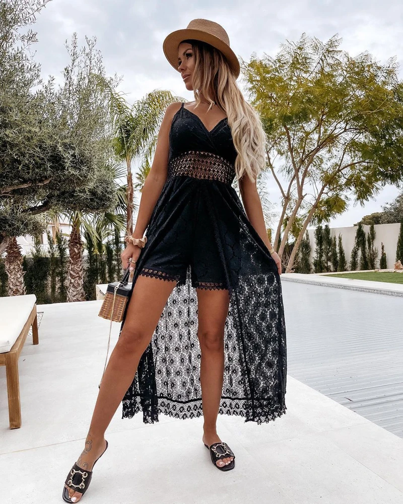 Summer V Neck Solid Color Lace Hollow-Out Sleeveless Sling Party Wear High Waist Rompers Holiday Casual White Women's Jumpsuit