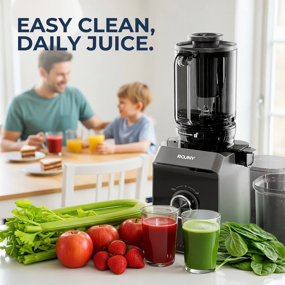 ROUNY Slow Juicer, Cold Press Extractor with Filter-Free, Easy Clean Electric Fruit Juicer Machine with Large Caliber, Black