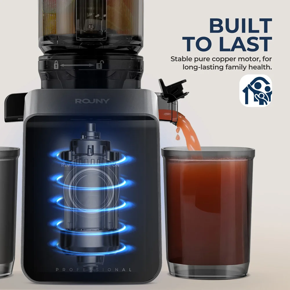ROUNY Slow Juicer, Cold Press Extractor with Filter-Free, Easy Clean Electric Fruit Juicer Machine with Large Caliber, Black