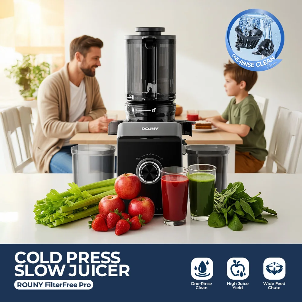 ROUNY Slow Juicer, Cold Press Extractor with Filter-Free, Easy Clean Electric Fruit Juicer Machine with Large Caliber, Black