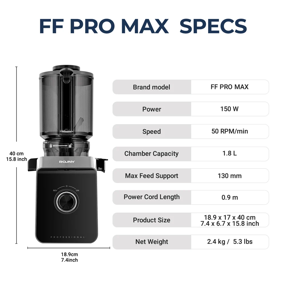 ROUNY Slow Juicer, Cold Press Extractor with Filter-Free, Easy Clean Electric Fruit Juicer Machine with Large Caliber, Black