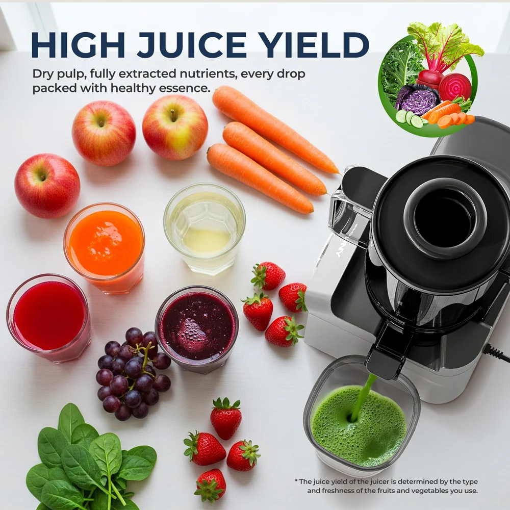 ROUNY Slow Juicer, Cold Press Extractor with Filter-Free, Easy Clean Electric Fruit Juicer Machine with Large Caliber, Black