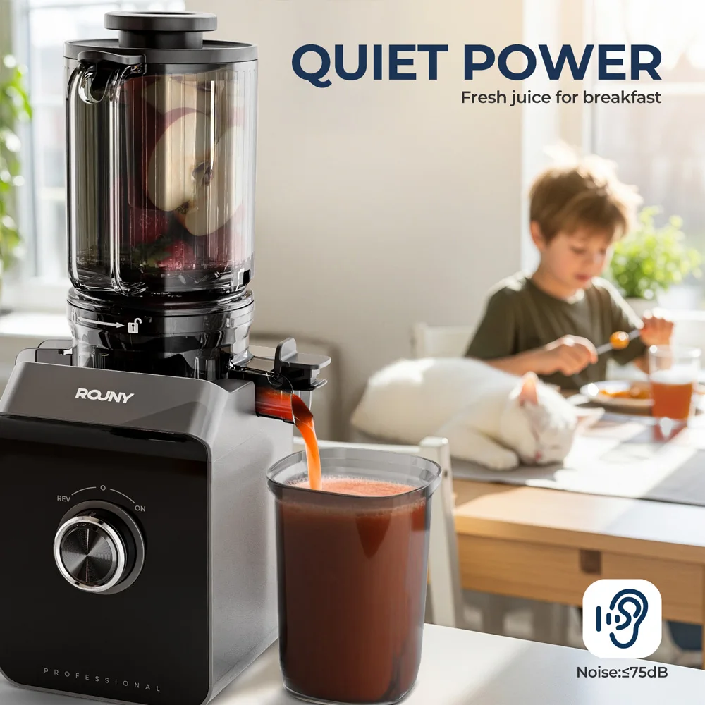 ROUNY Slow Juicer, Cold Press Extractor with Filter-Free, Easy Clean Electric Fruit Juicer Machine with Large Caliber, Black