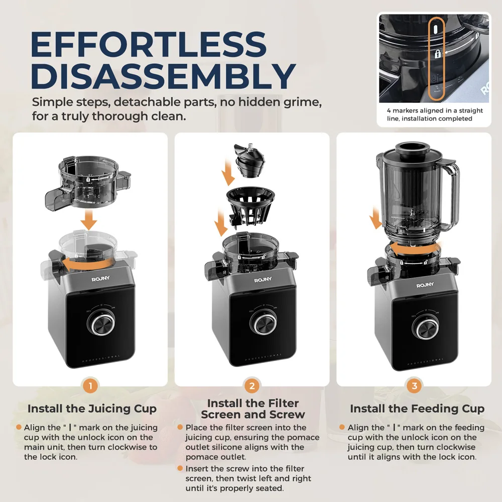 ROUNY Slow Juicer, Cold Press Extractor with Filter-Free, Easy Clean Electric Fruit Juicer Machine with Large Caliber, Black