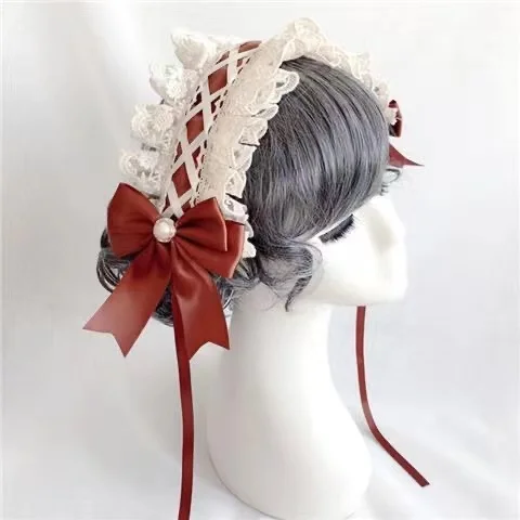 Ribbon Bow Hairband with Hairpins Girls Lolita Lace Ruffled Headband Sweet Star Embroidery Anime Maid Cosplay Headdress