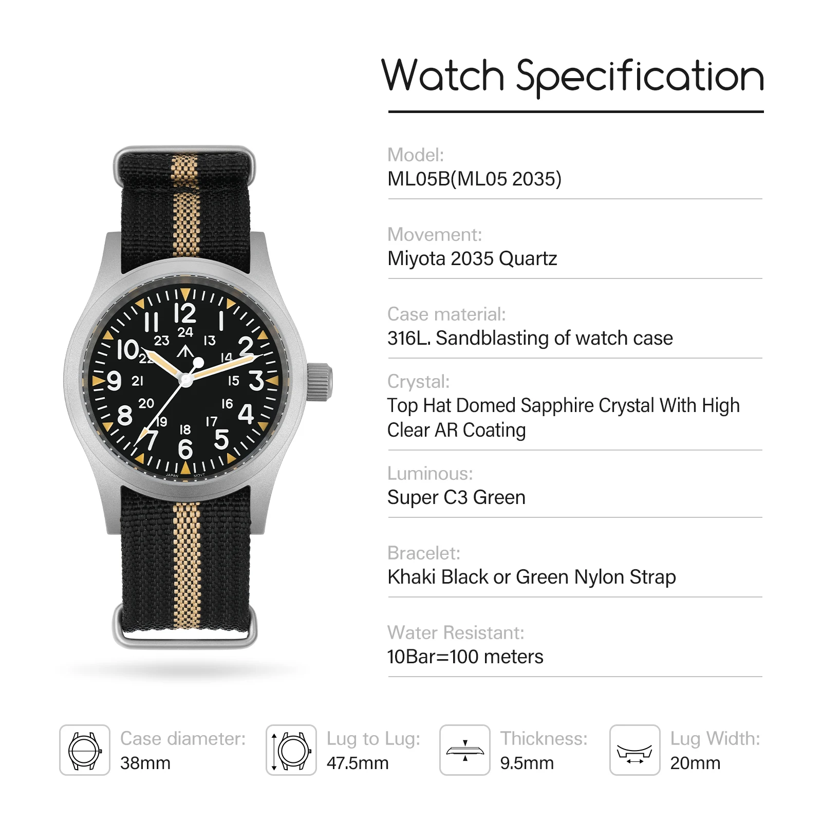 Militado ML05B Vintage Watch Miyota 2035 Movement Domed Sapphire Crystal With High Clear AR Coating Luminous 38mm Watches