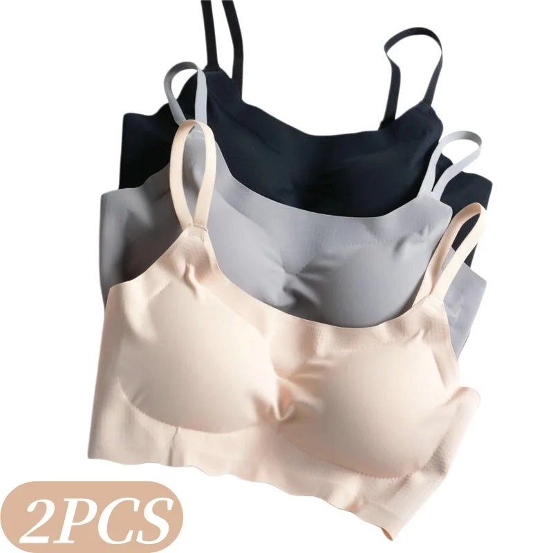 2Pcs/Set Ice Silk Seamless Bra Women Wave Hem Comfort Bralette Everyday Underwear Removable Pads Bra Top Sexy Lingerie S-XXL