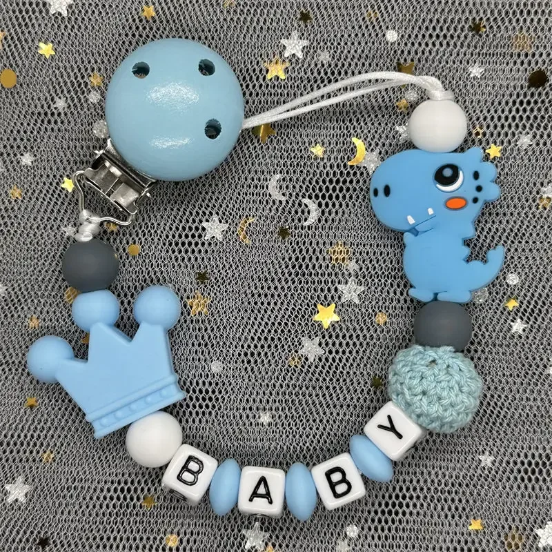 Hot Sale Custom Personalized Name Handmade Pacifier Clip Holder Silicone Dinosaur Pacifier Chain Baby Teether Teether Chain Gift