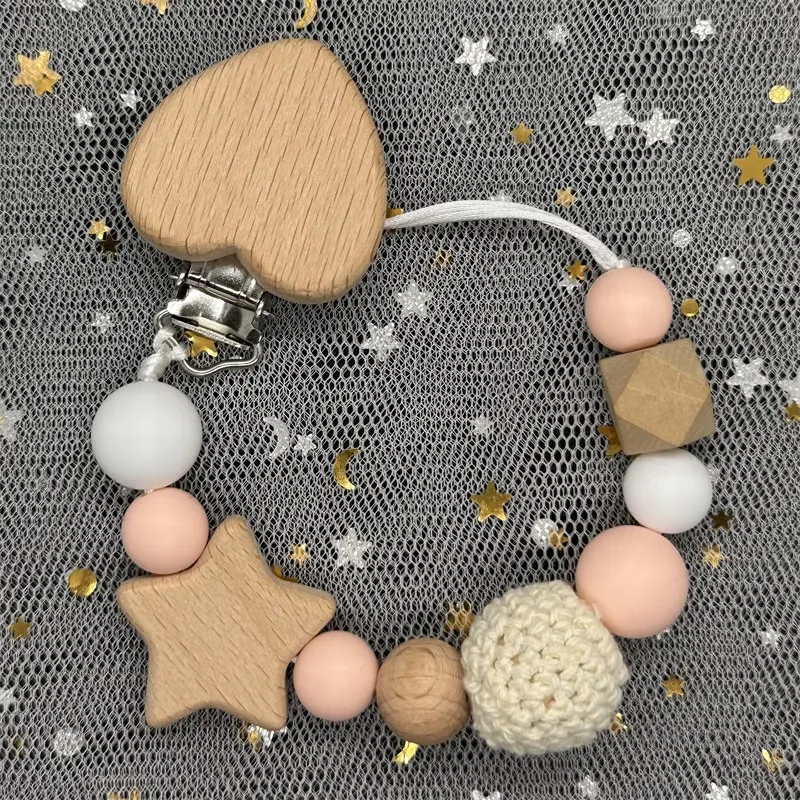 Custom Name Wood Personalized Baby Pacifier Chain Clip Silicone Bead Dummy Nipple Holder With Name Teether Pendant Newborn Gift