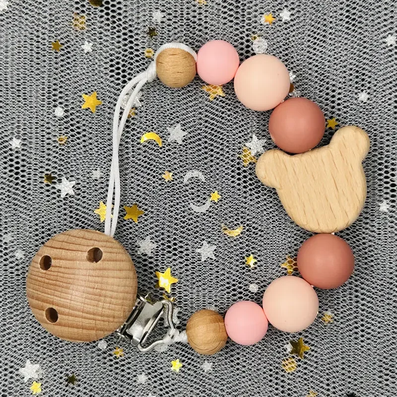 Custom Name Wood Personalized Baby Pacifier Chain Clip Silicone Bead Dummy Nipple Holder With Name Teether Pendant Newborn Gift