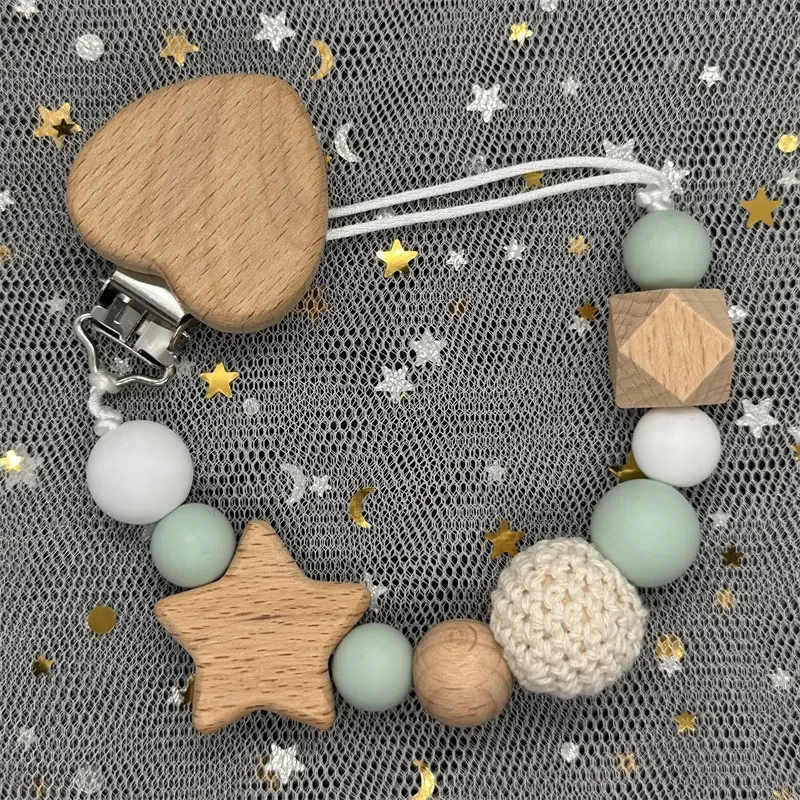 Custom Name Wood Personalized Baby Pacifier Chain Clip Silicone Bead Dummy Nipple Holder With Name Teether Pendant Newborn Gift