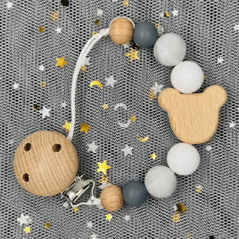 Custom Name Wood Personalized Baby Pacifier Chain Clip Silicone Bead Dummy Nipple Holder With Name Teether Pendant Newborn Gift