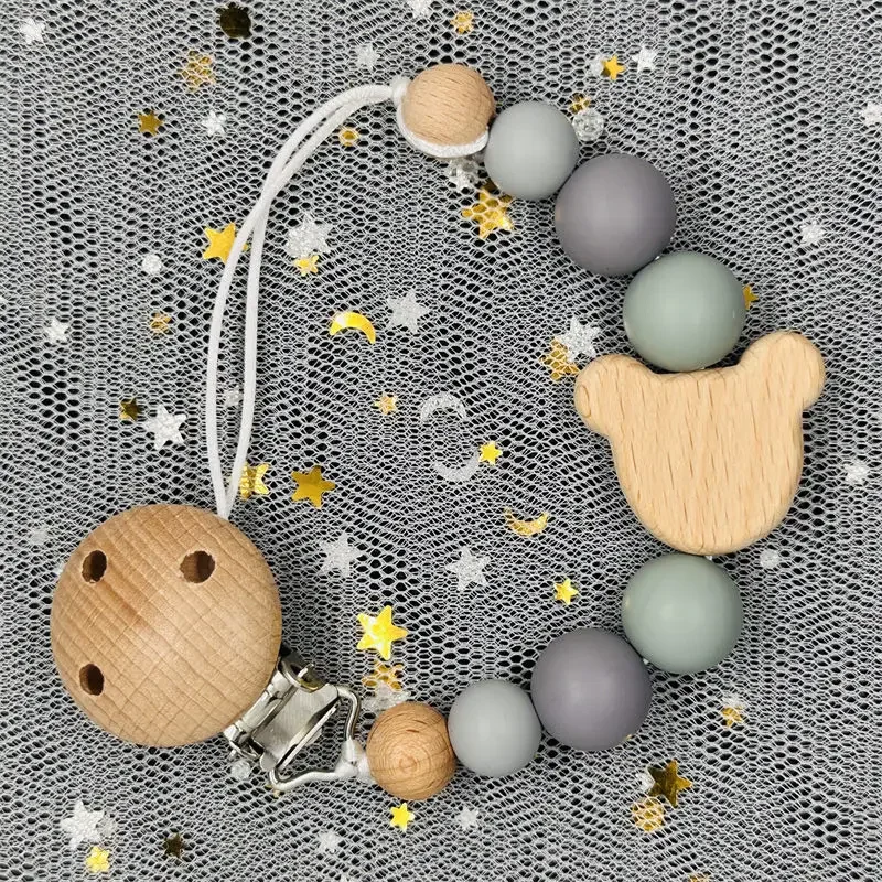 Custom Name Wood Personalized Baby Pacifier Chain Clip Silicone Bead Dummy Nipple Holder With Name Teether Pendant Newborn Gift