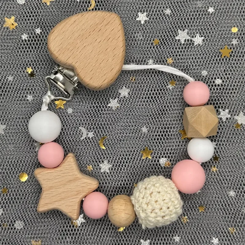 Custom Name Wood Personalized Baby Pacifier Chain Clip Silicone Bead Dummy Nipple Holder With Name Teether Pendant Newborn Gift