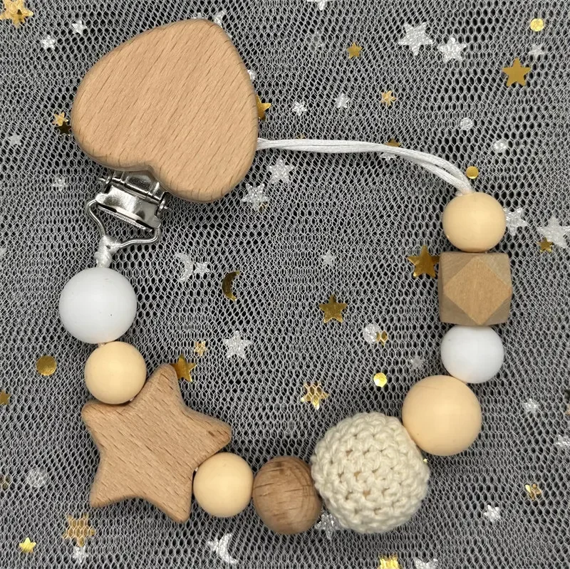 Custom Name Wood Personalized Baby Pacifier Chain Clip Silicone Bead Dummy Nipple Holder With Name Teether Pendant Newborn Gift