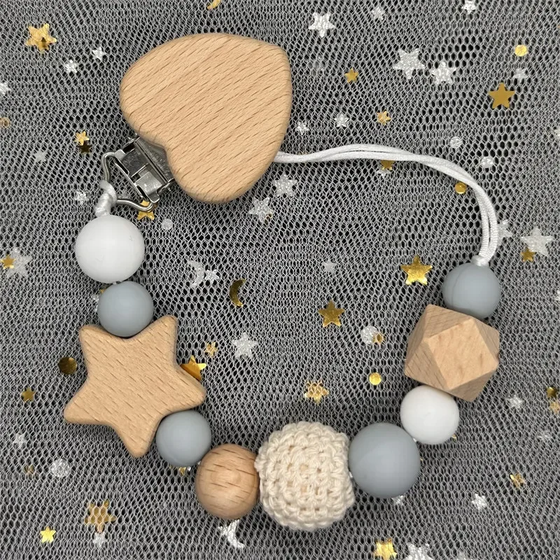 Custom Name Wood Personalized Baby Pacifier Chain Clip Silicone Bead Dummy Nipple Holder With Name Teether Pendant Newborn Gift