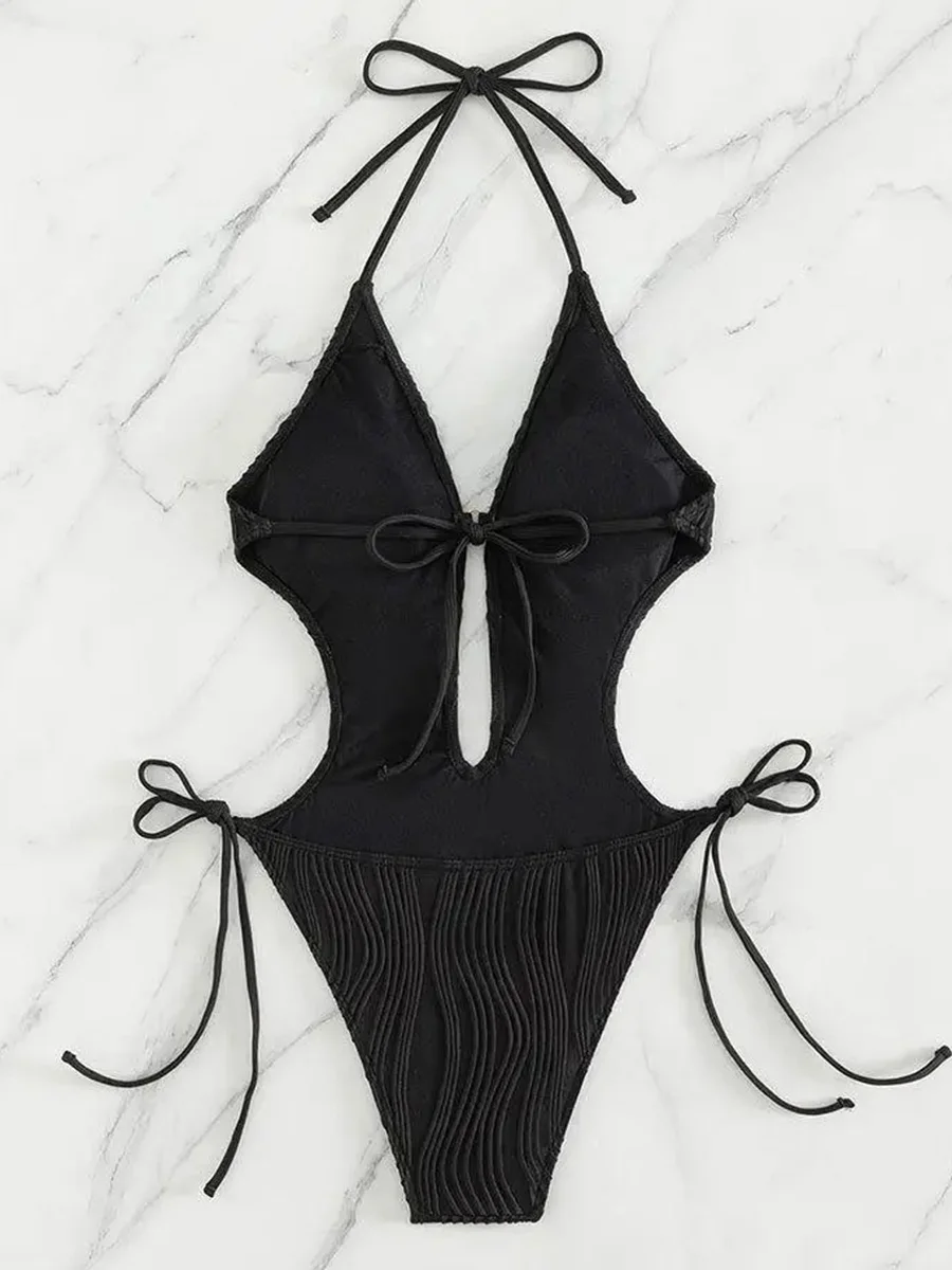 Sexy Halter V Neck Wrinkled Female Swimwear One Piece Swimsuit Women Backless Monokini High Leg Cut Bathing Suit Swim Beach Wear