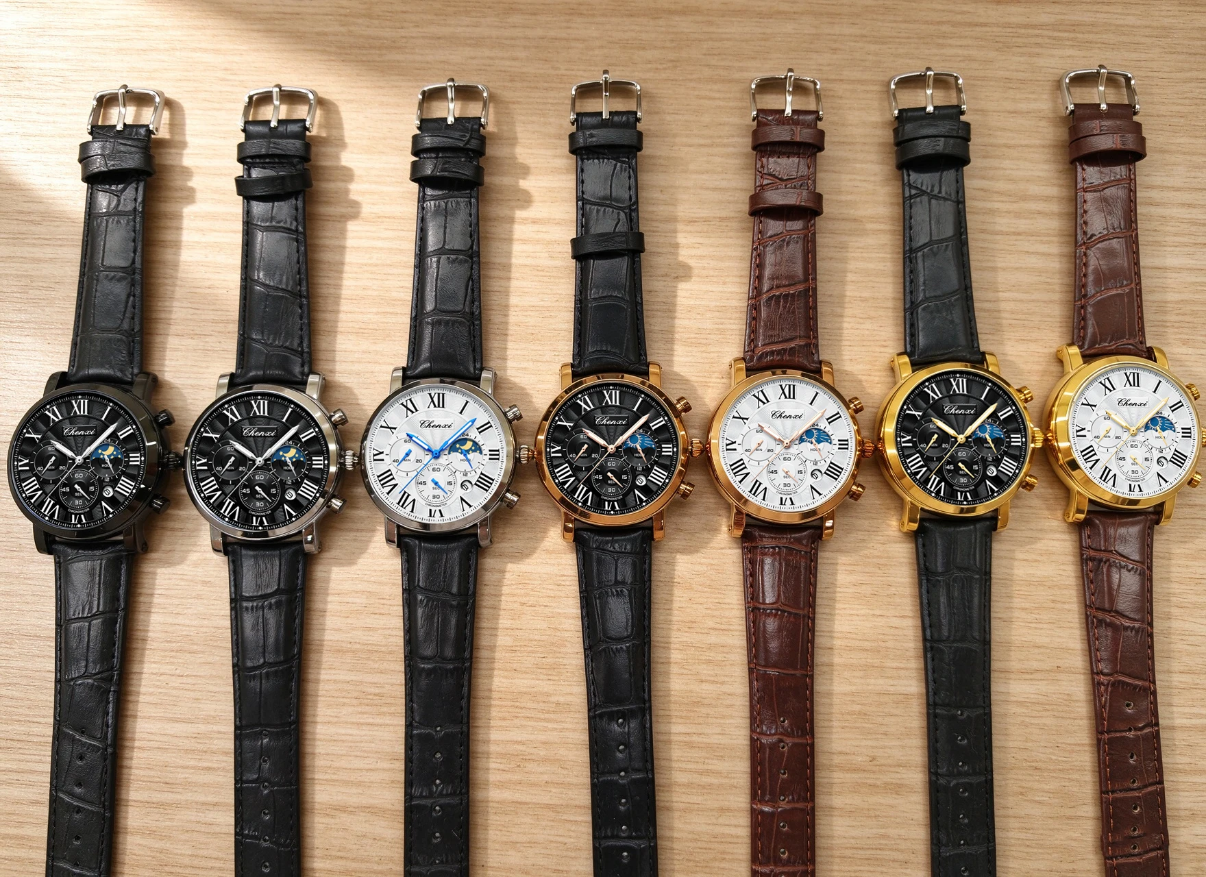 CHENXI 973 Multi-function Business Moon Phase Date Waterproof Rome Analog Imported Men Wristwatch Dial Quartz Leather Watches