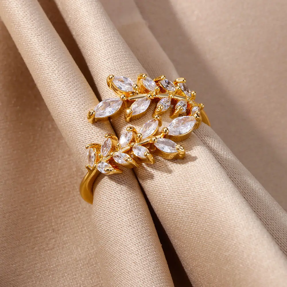 Gold Color Cubic Zircon Rings For Women Open Stainless Steel Green Luxury Crystal Finger Ring Boho Jewelry Wedding Party Gift