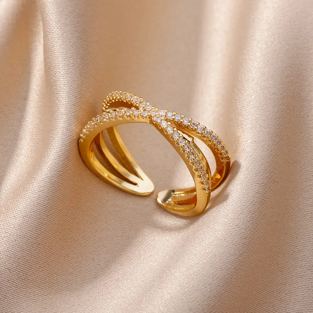 Gold Color Cubic Zircon Rings For Women Open Stainless Steel Green Luxury Crystal Finger Ring Boho Jewelry Wedding Party Gift