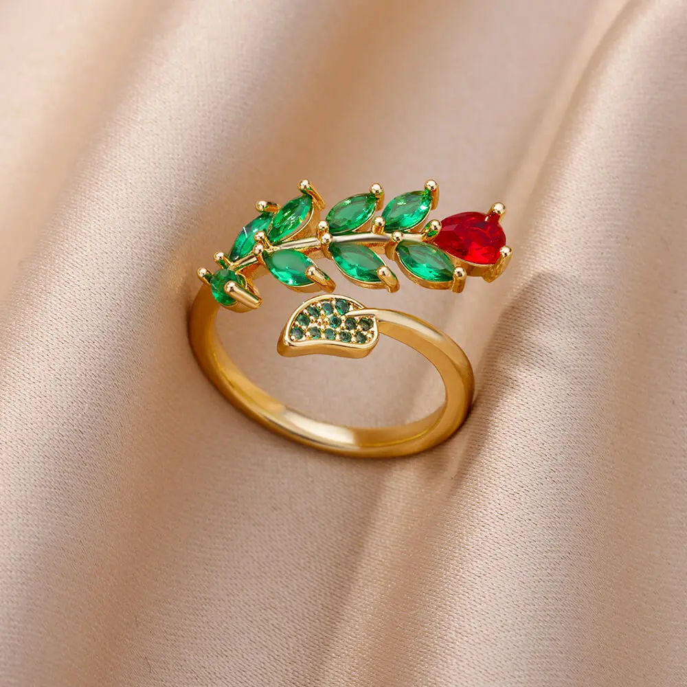 Gold Color Cubic Zircon Rings For Women Open Stainless Steel Green Luxury Crystal Finger Ring Boho Jewelry Wedding Party Gift
