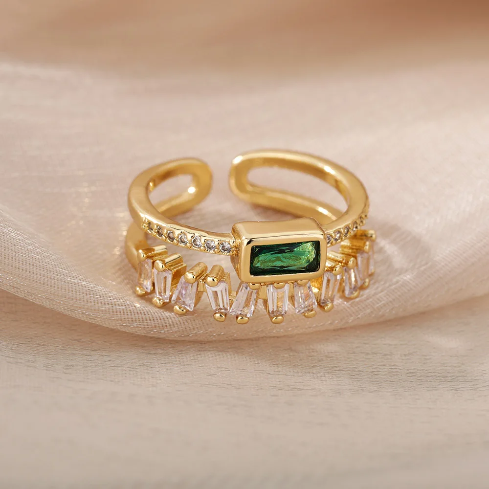Gold Color Cubic Zircon Rings For Women Open Stainless Steel Green Luxury Crystal Finger Ring Boho Jewelry Wedding Party Gift