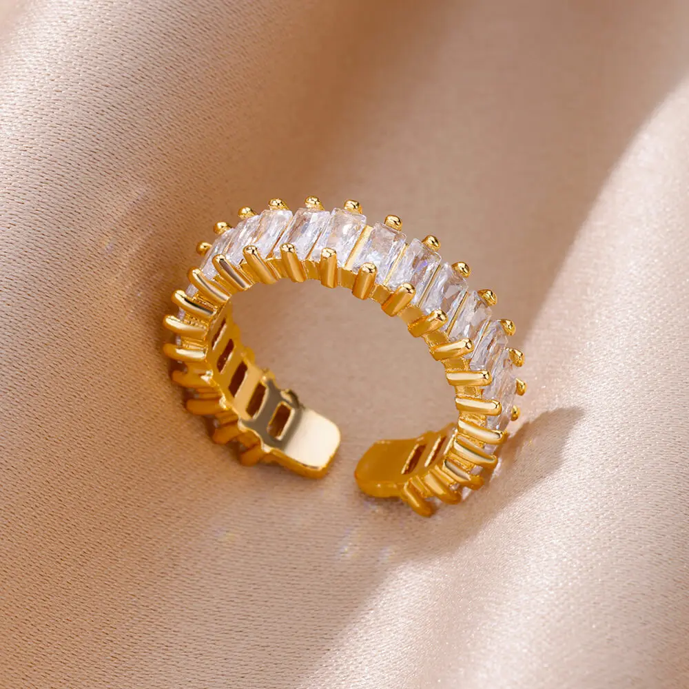 Gold Color Cubic Zircon Rings For Women Open Stainless Steel Green Luxury Crystal Finger Ring Boho Jewelry Wedding Party Gift
