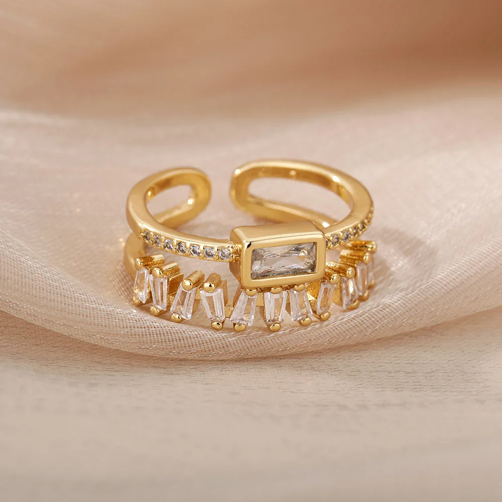 Gold Color Cubic Zircon Rings For Women Open Stainless Steel Green Luxury Crystal Finger Ring Boho Jewelry Wedding Party Gift