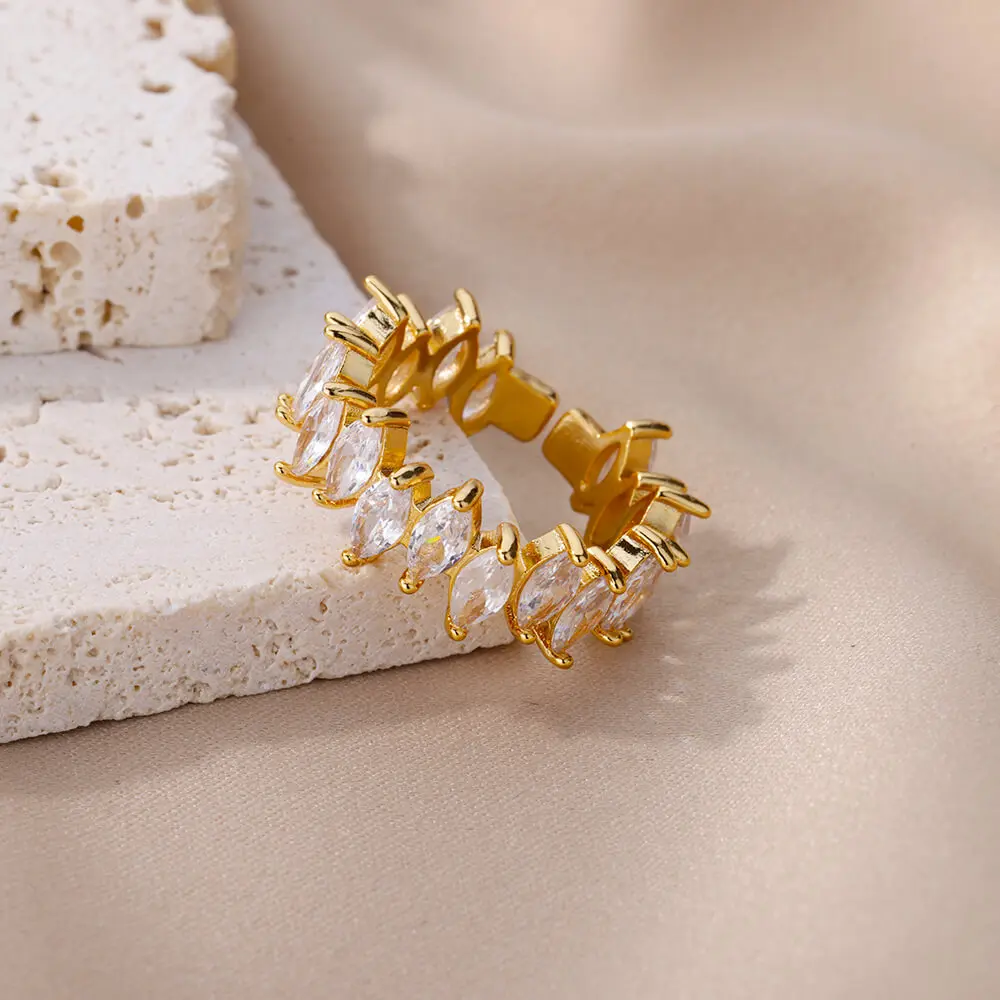 Gold Color Cubic Zircon Rings For Women Open Stainless Steel Green Luxury Crystal Finger Ring Boho Jewelry Wedding Party Gift