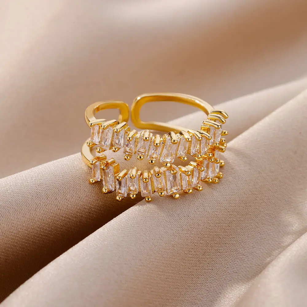 Gold Color Cubic Zircon Rings For Women Open Stainless Steel Green Luxury Crystal Finger Ring Boho Jewelry Wedding Party Gift