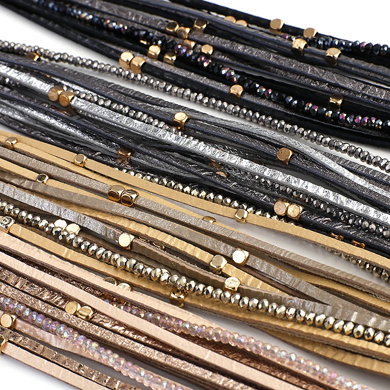 ALLYES Champagne Genuine Leather Bracelets for Women Boho Multilayer Metal Charm Resin Beads Wrap Bracelets Fashion Jewelry