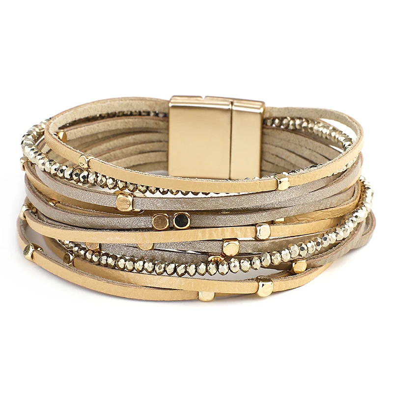 ALLYES Champagne Genuine Leather Bracelets for Women Boho Multilayer Metal Charm Resin Beads Wrap Bracelets Fashion Jewelry