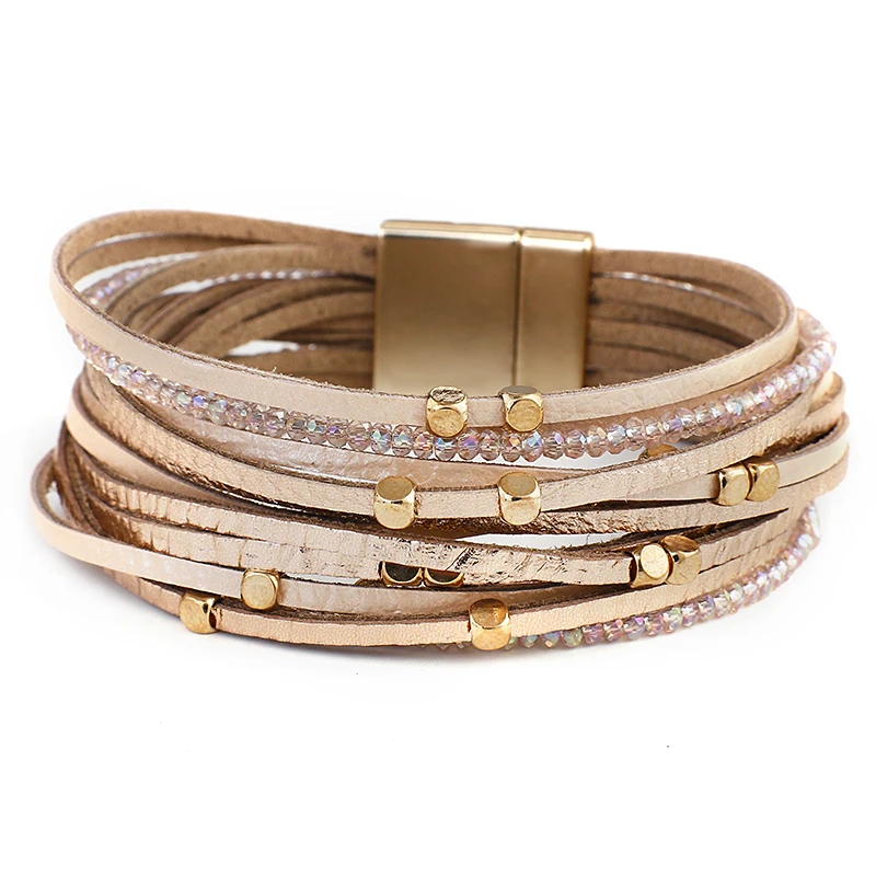ALLYES Champagne Genuine Leather Bracelets for Women Boho Multilayer Metal Charm Resin Beads Wrap Bracelets Fashion Jewelry