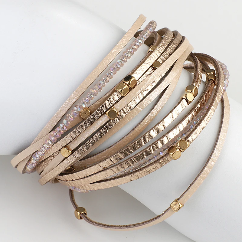ALLYES Champagne Genuine Leather Bracelets for Women Boho Multilayer Metal Charm Resin Beads Wrap Bracelets Fashion Jewelry