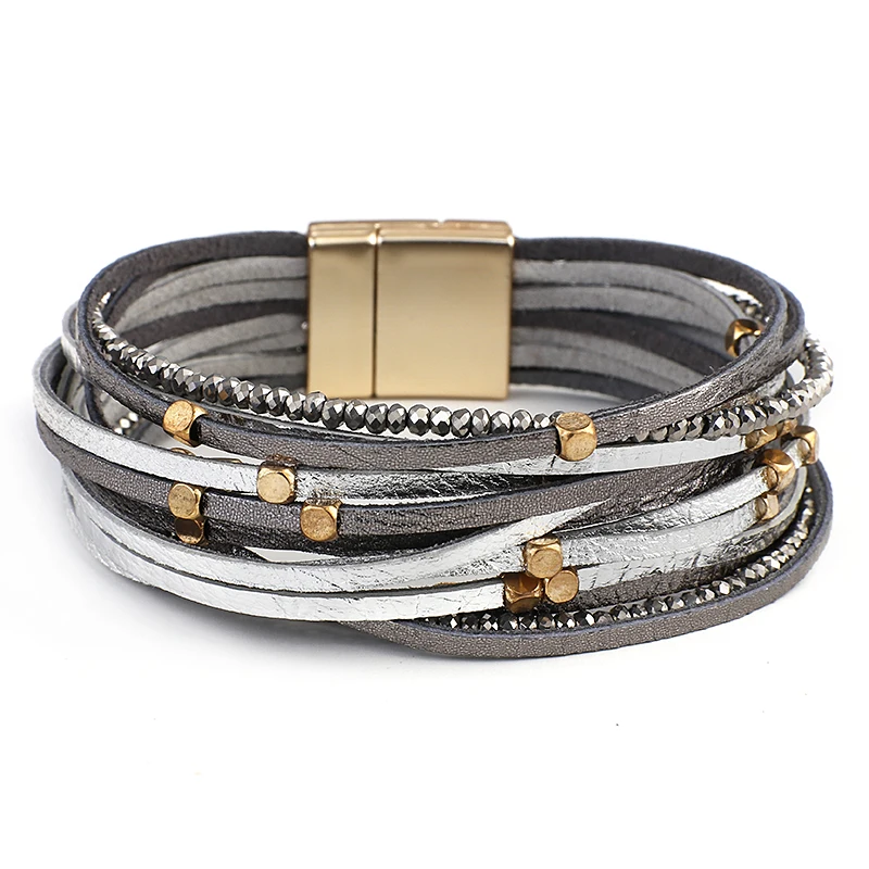 ALLYES Champagne Genuine Leather Bracelets for Women Boho Multilayer Metal Charm Resin Beads Wrap Bracelets Fashion Jewelry