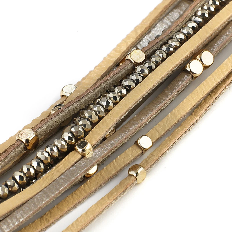 ALLYES Champagne Genuine Leather Bracelets for Women Boho Multilayer Metal Charm Resin Beads Wrap Bracelets Fashion Jewelry