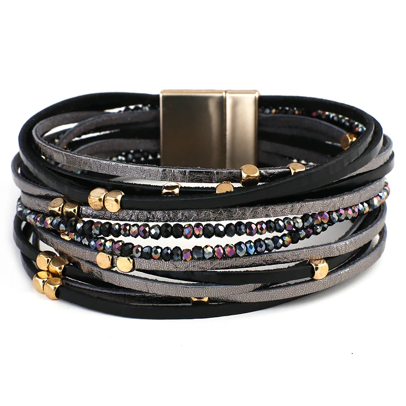 ALLYES Champagne Genuine Leather Bracelets for Women Boho Multilayer Metal Charm Resin Beads Wrap Bracelets Fashion Jewelry