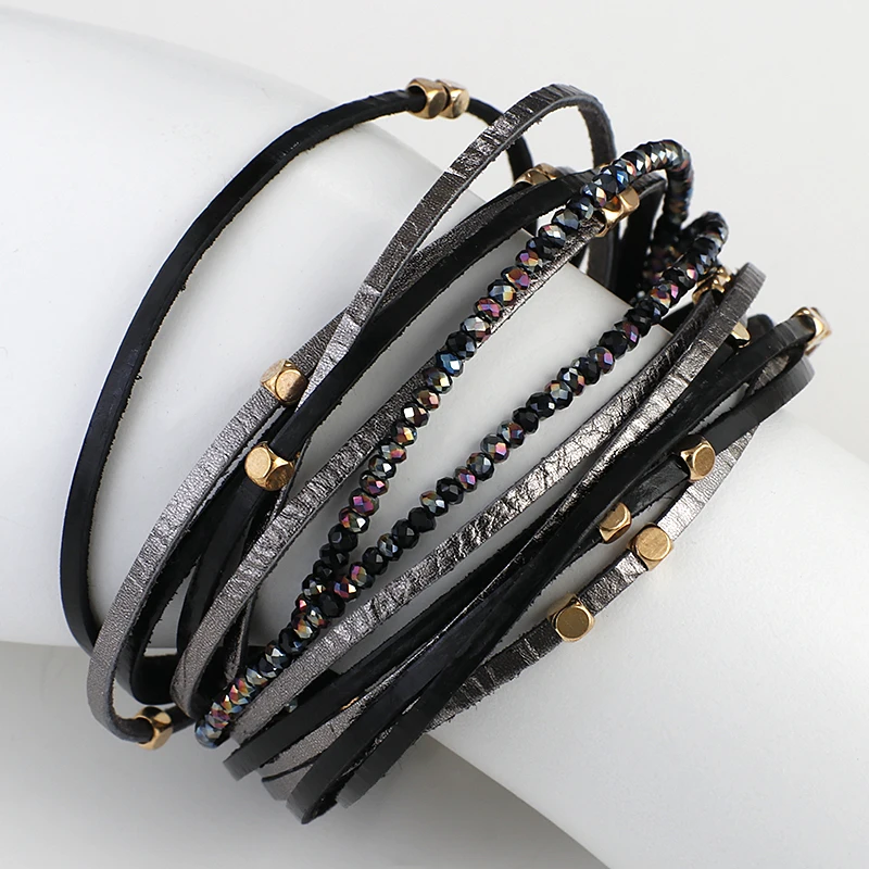 ALLYES Champagne Genuine Leather Bracelets for Women Boho Multilayer Metal Charm Resin Beads Wrap Bracelets Fashion Jewelry